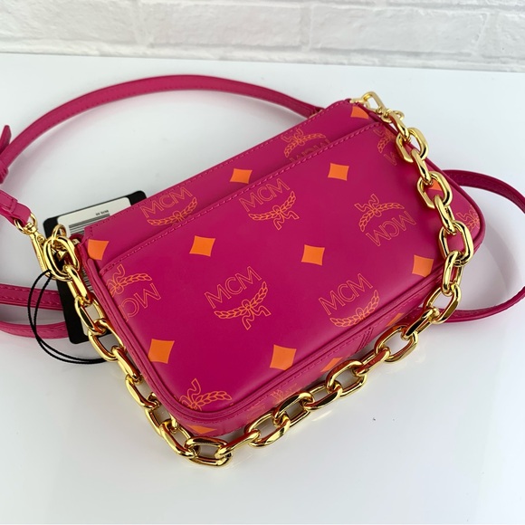 MCM Visetos Mini Zip Pouch Splash Logo Crossbody Bag Pink $650 - Picture 15 of 15